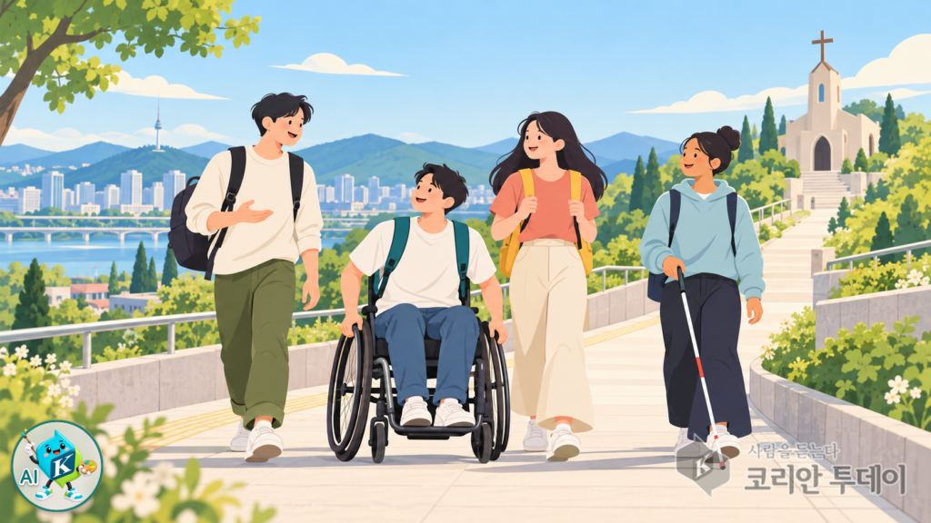 전동휠체어와 시각장애인 지팡이를 이용하는 청년들이 친구들과 언덕길을 함께 걷는 모습 (AI 생성 이미지)