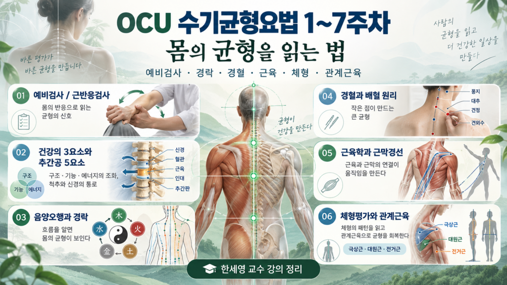 [코리안투데이] 한국열린사이버대학교 수기균형요법 1~7주차에서는 예비검사와 근반응검사, 경락과 경혈, 근육과 근막, 체형 불균형, 임맥·독맥·폐의 관계근육까지 단계적으로 학습했다. © 지승주 기자