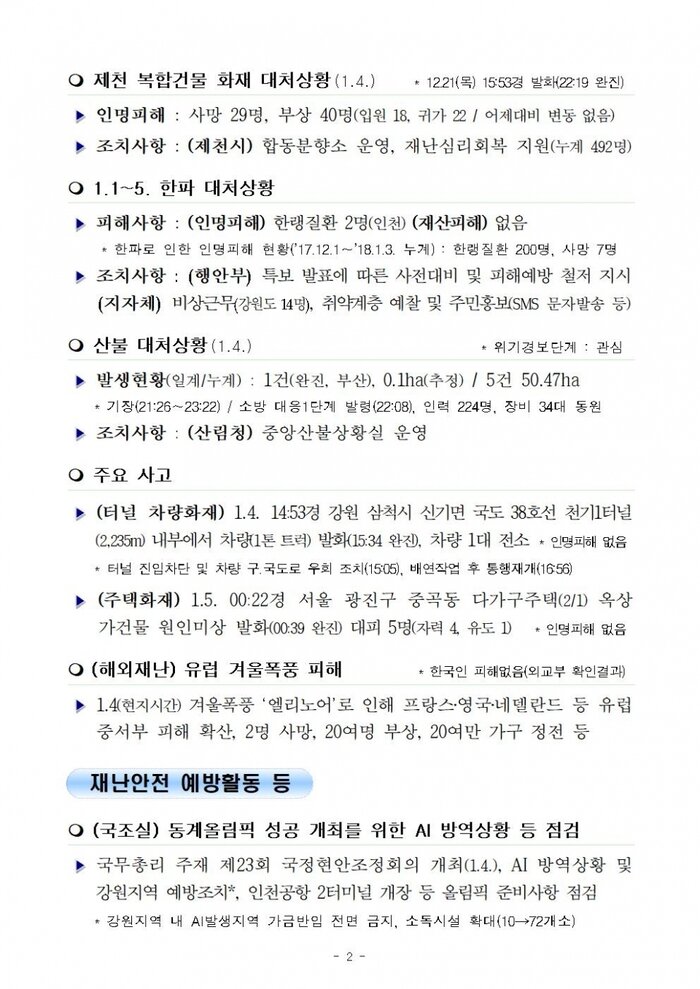 행안부 재난안전 상황실 2018년 1월 5일