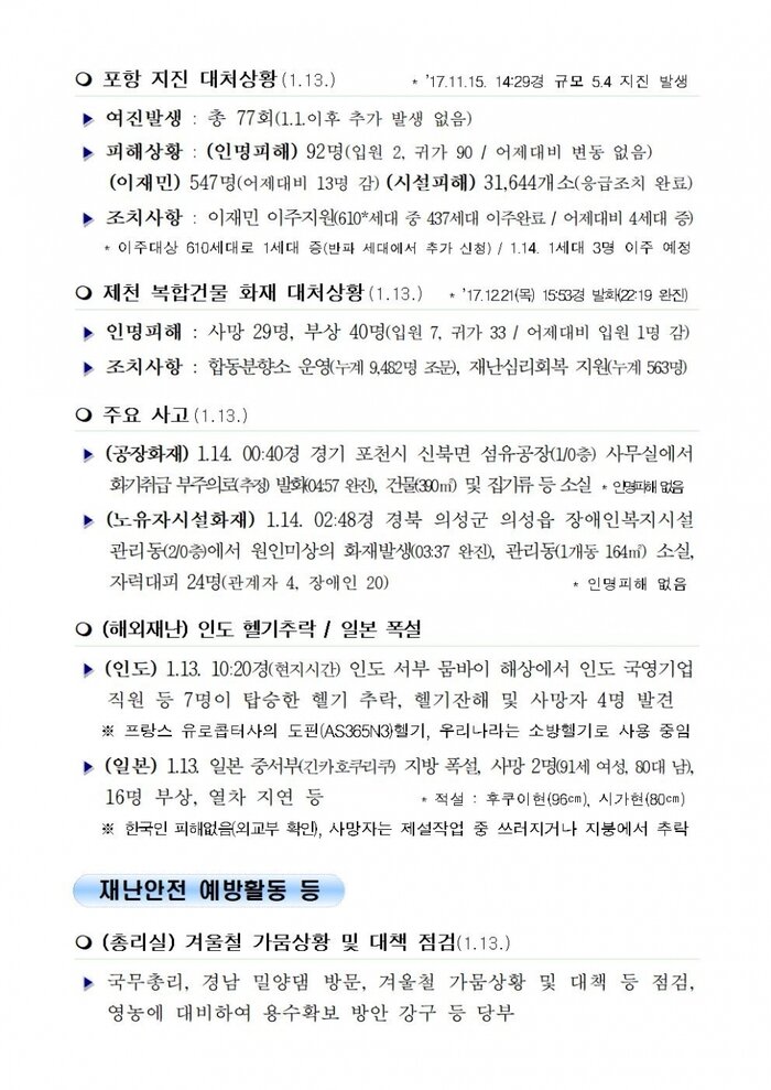 행안부 재난안전 상황실 2018년 1월 14일