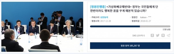 ‘가상화폐 규제반대’ 청와대 20만 국민청원 임박