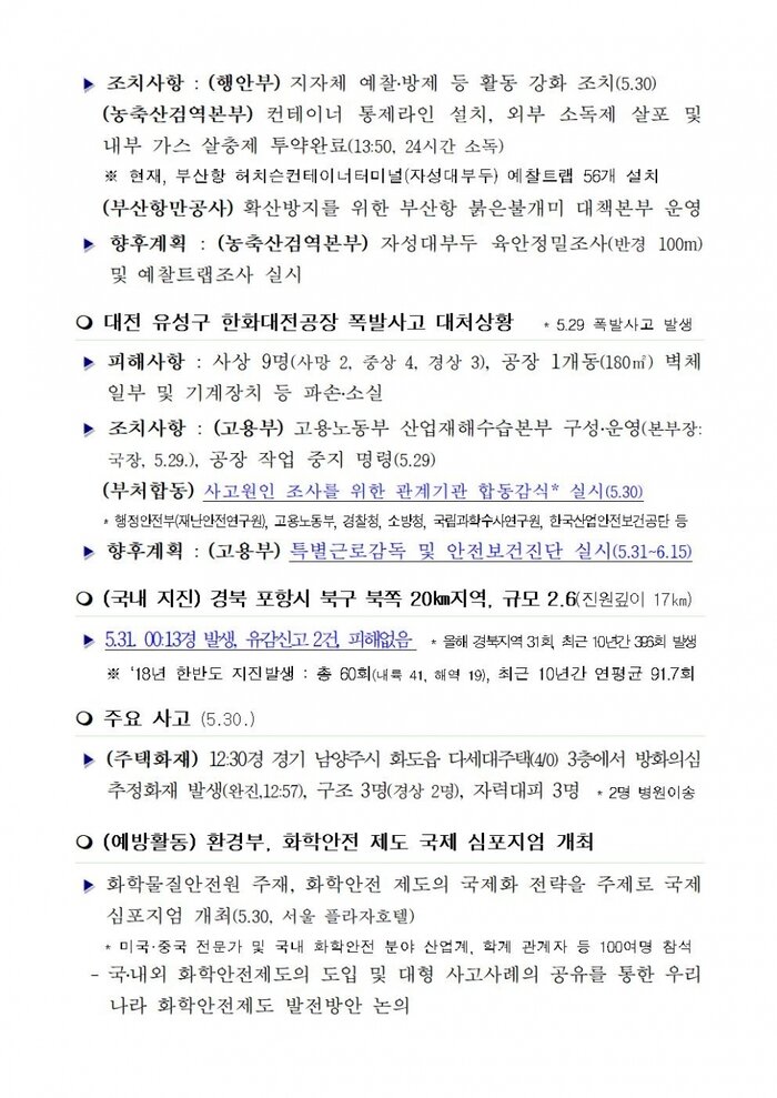 국민안전관리 일일상황 (2018.5.31)