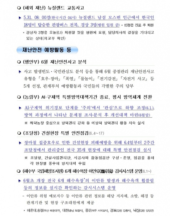 국민안전관리 일일상황 (2018.6.1.)