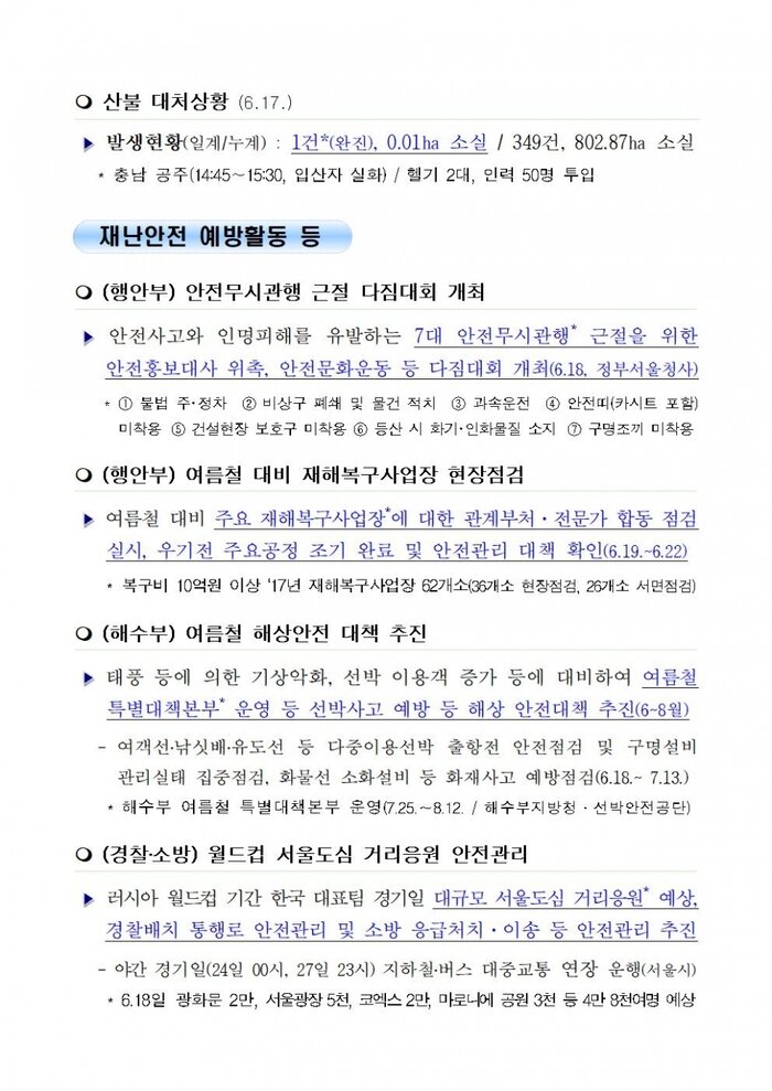 국민안전관리 일일상황 (2018년6월18일)