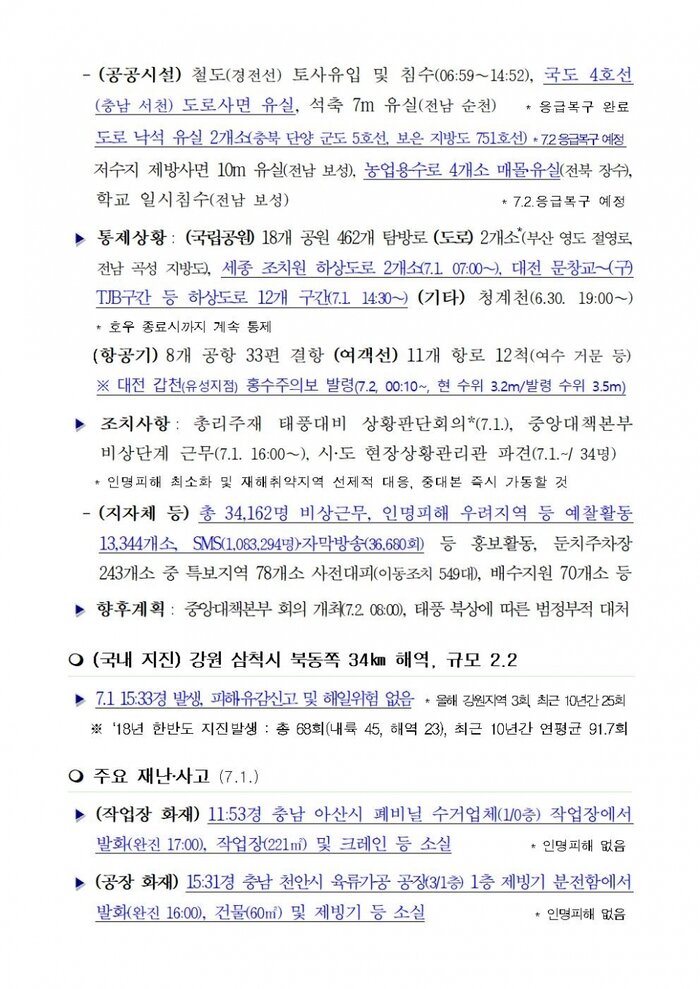 국민안전관리 일일상황 (2018년7월02일)