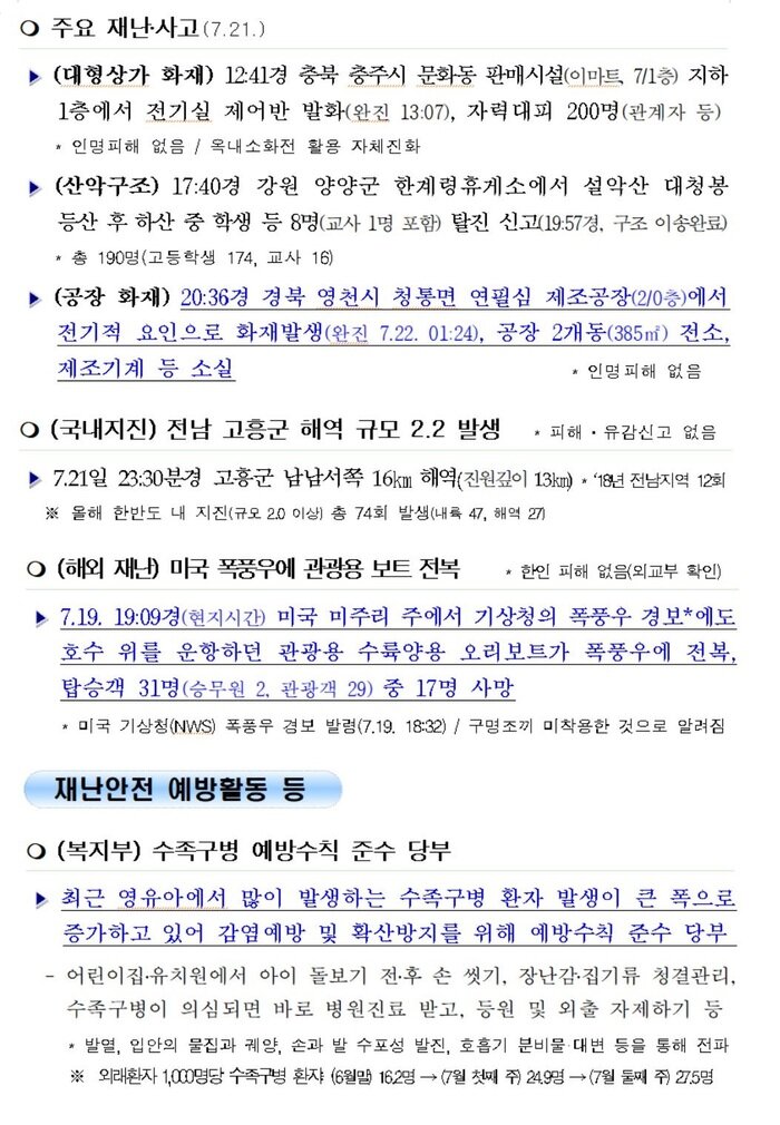 [국민안전관리 일일상황] 2018년7월22일