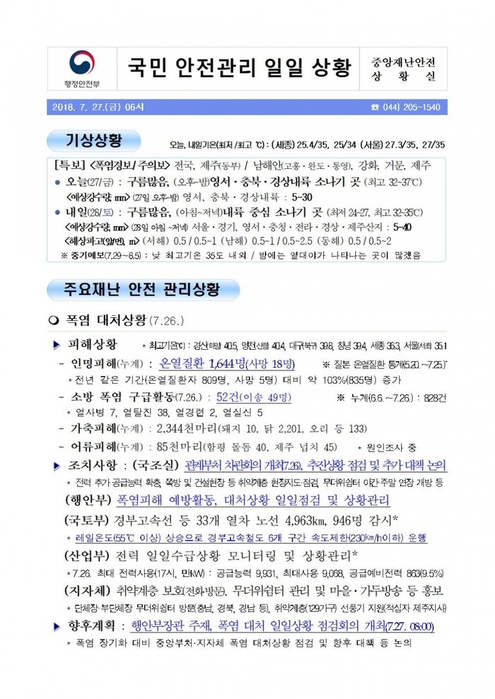 [국민안전관리 일일상황] 2018년7월27일