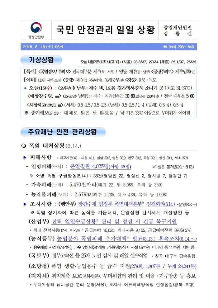 국민안전관리 일일상황[2018년 8월15일]