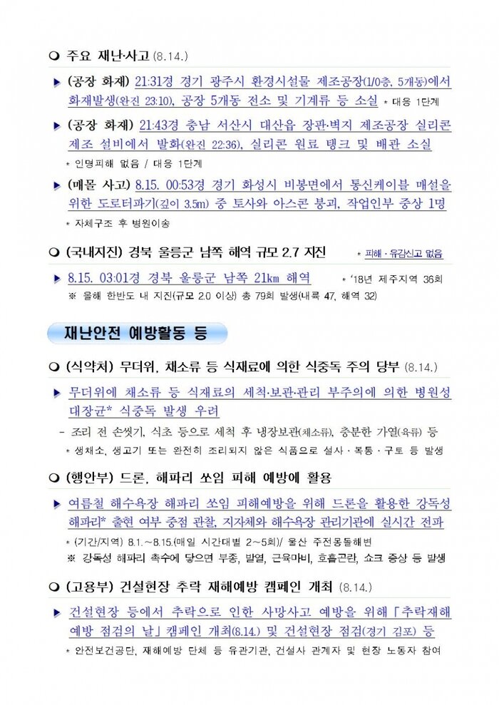 국민안전관리 일일상황[2018년 8월15일]