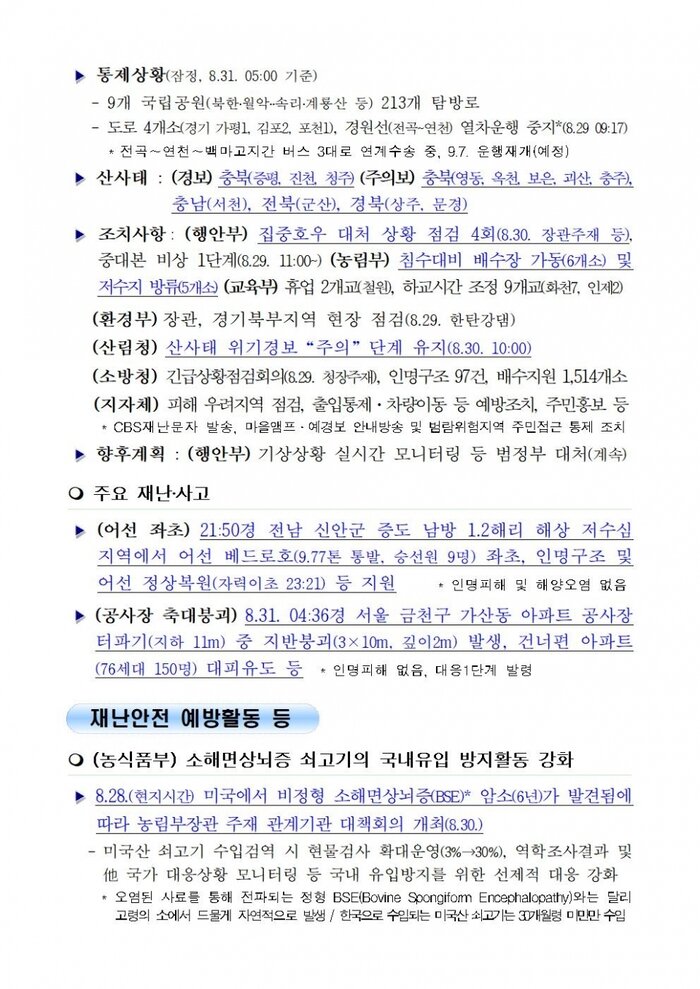 국민안전관리 일일상황[2018년 8월31일]