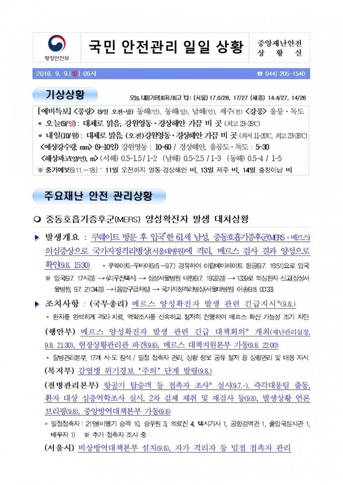 국민안전관리 일일상황 [2018년 9월 9일]
