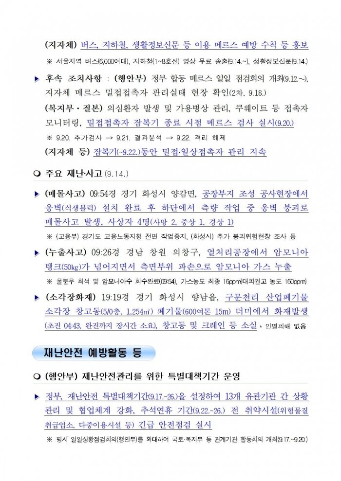 국민안전관리 일일상황 [2018년 9월 15일]