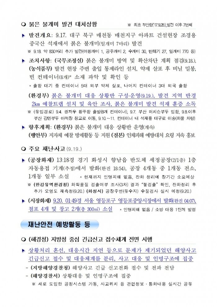 국민안전관리 일일상황 [2018년 9월 20일]
