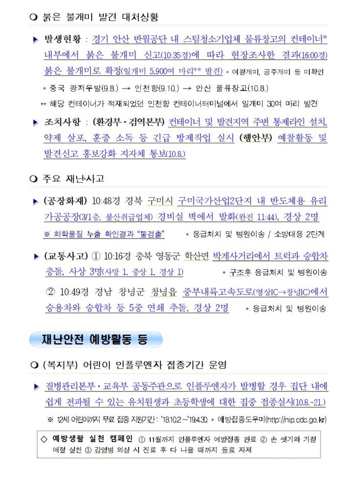 국민안전관리 일일상황 [2018년 10월 9일]