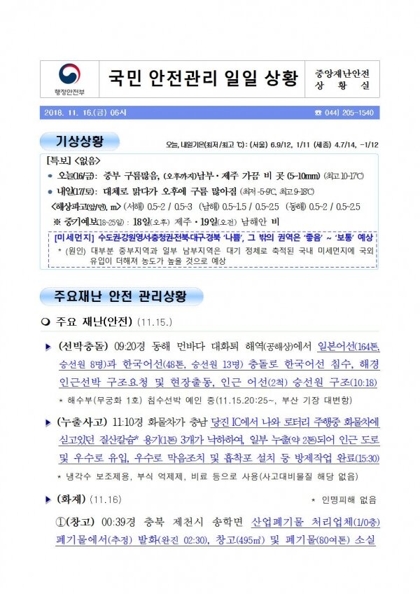 국민안전관리 일일상황 [2018년 11월 16일]