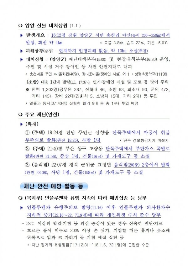 국민안전관리 일일상황 [2019년 1월 2일]