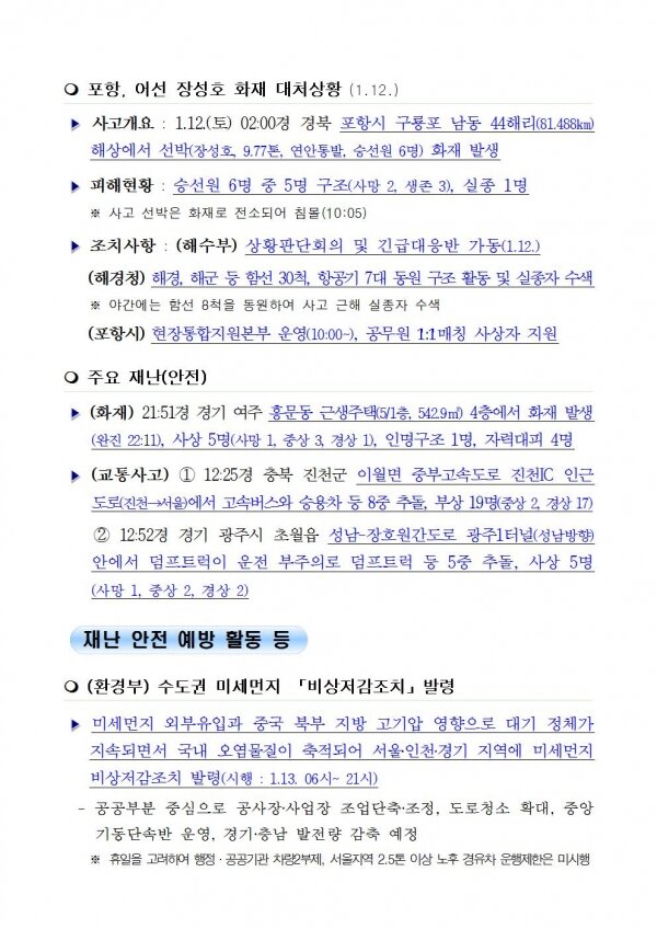 국민안전관리 일일상황 [2019년 1월 13일]