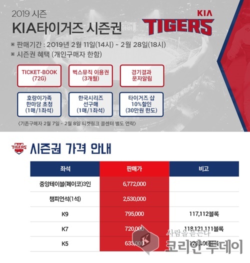 KIA, 2019년 입장료 확정 및 시즌권 판매