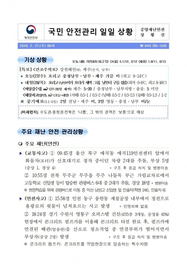 국민안전관리 일일상황 [2019년 2월 27일]