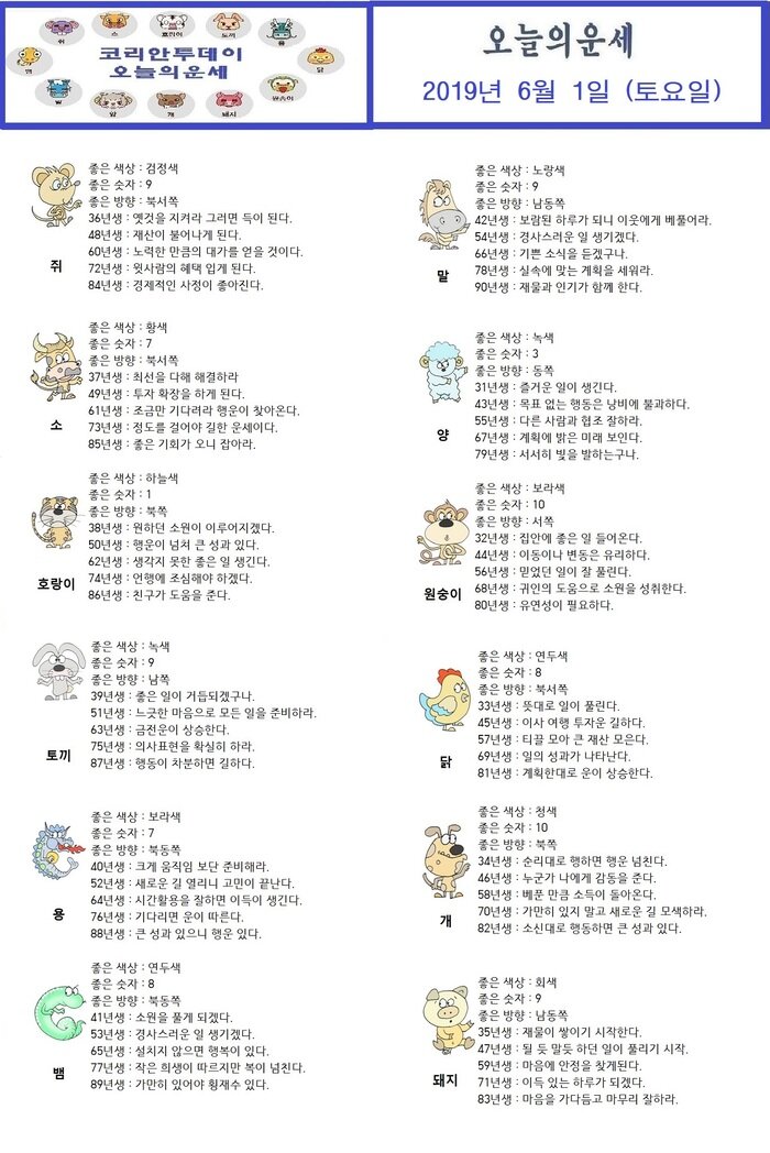 오늘의 운세 2019년 6월1일(토요일)