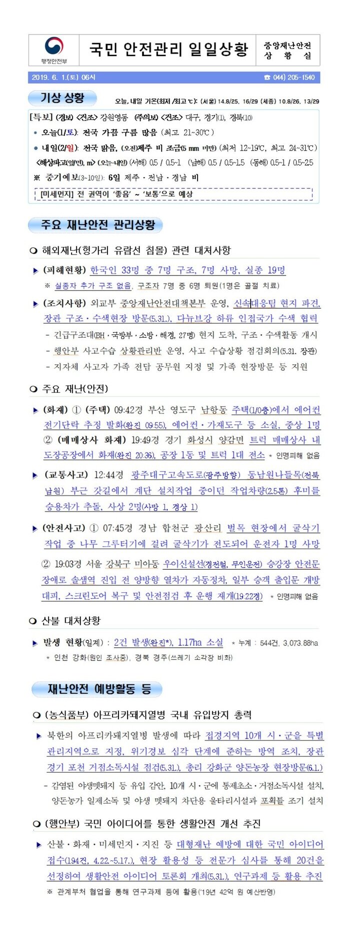 국민안전관리 일일상황 [2019년 6월 1일]