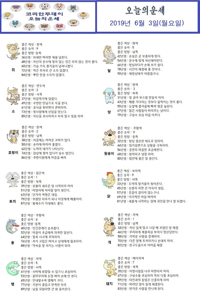 오늘의 운세 2019년 6월3일 (월요일)