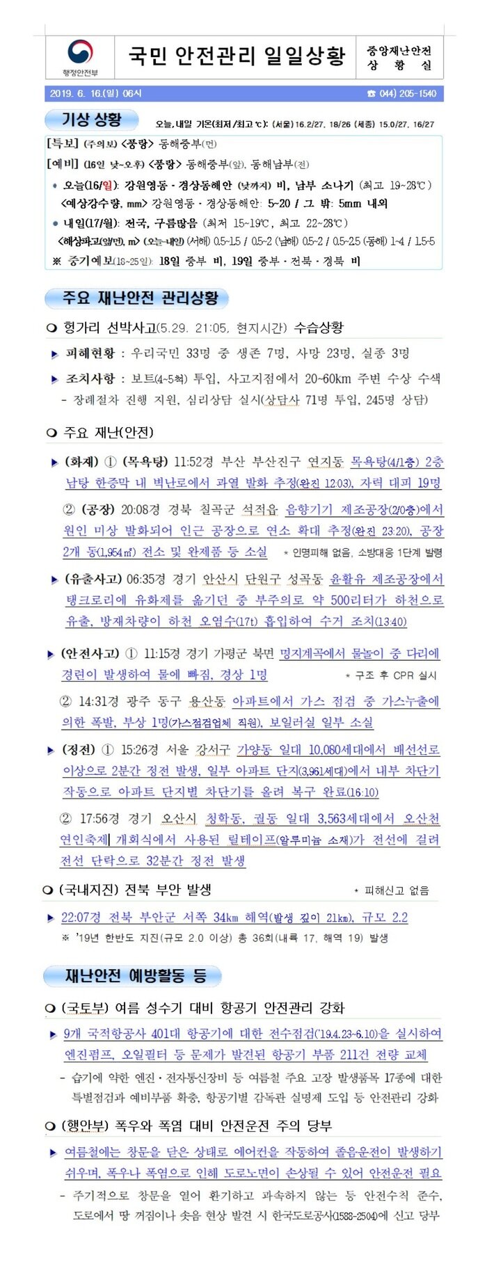 국민안전관리 일일상황 [2019년 6월 16일]