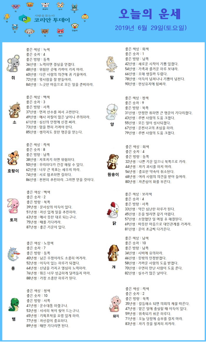 오늘의 운세 2019년 6월 29일