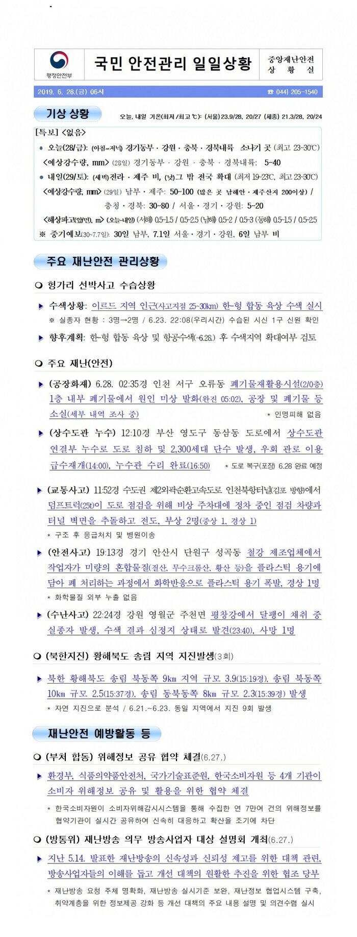 국민안전관리 일일상황 [2019년 6월 28일]