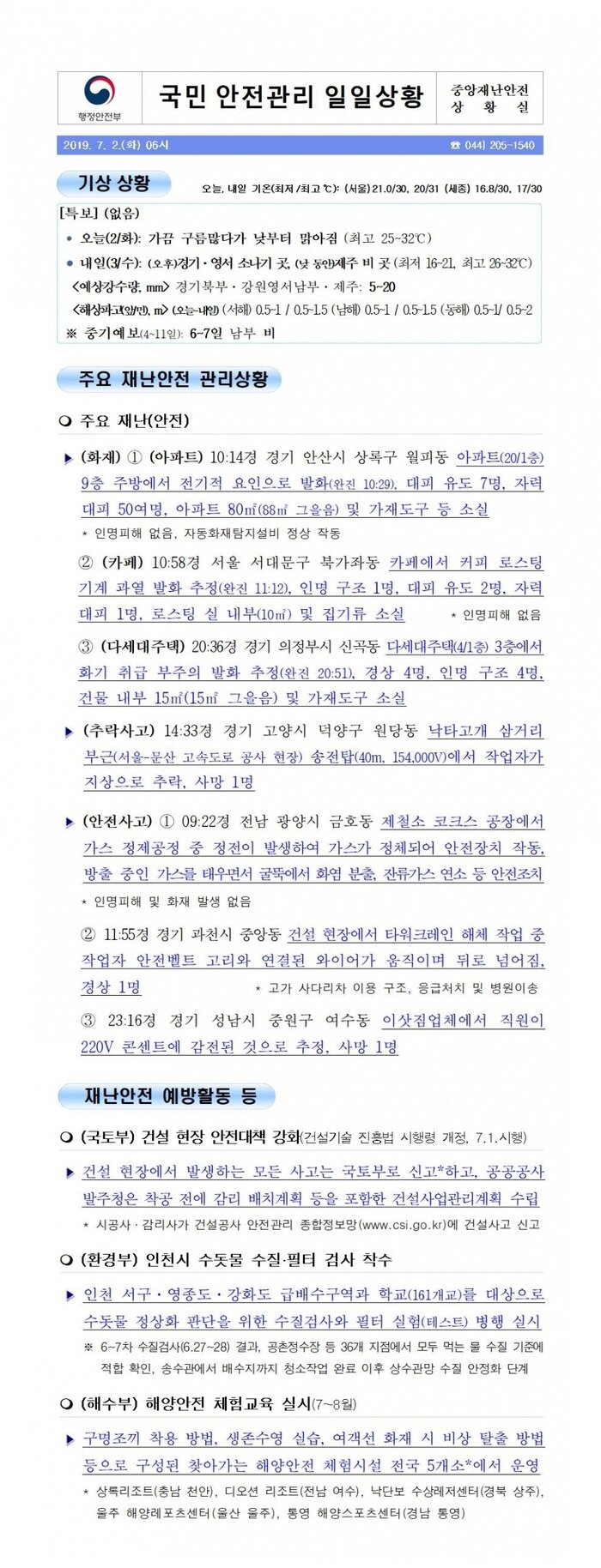 국민안전관리 일일상황 [2019년 7월 2일]