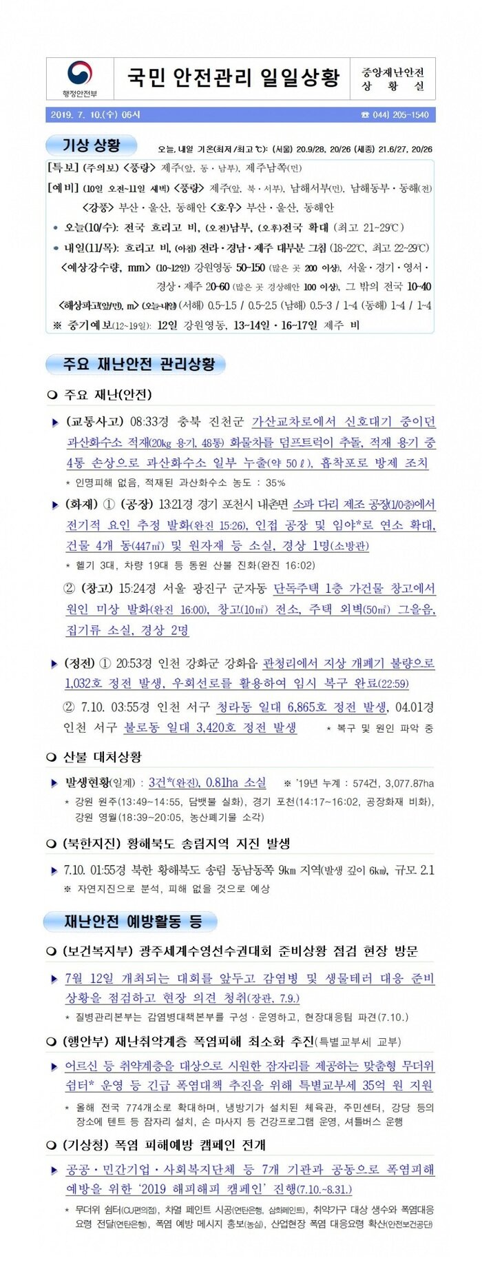 국민안전관리 일일상황 [2019년 7월 10일]