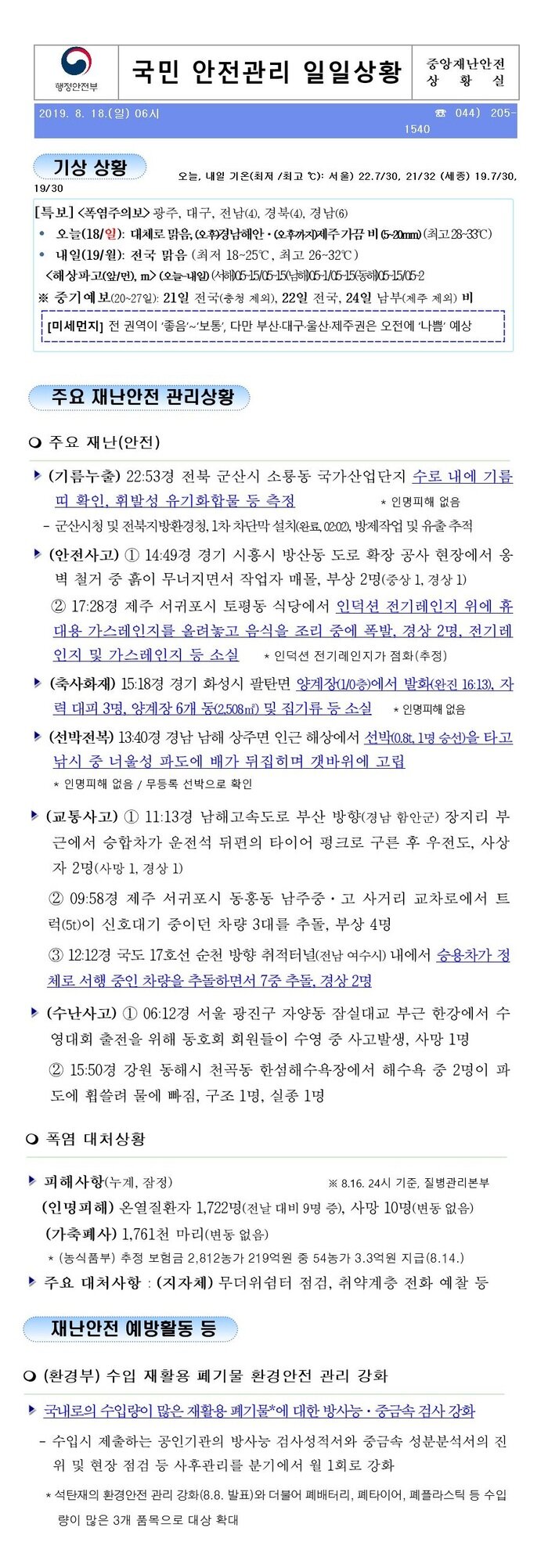 국민안전관리 일일상황 [2019년 8월18일]