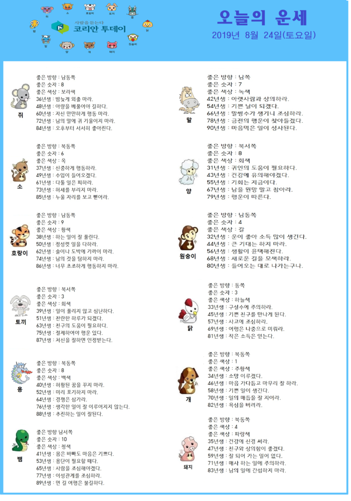 오늘의 운세 2019년 8월 24일