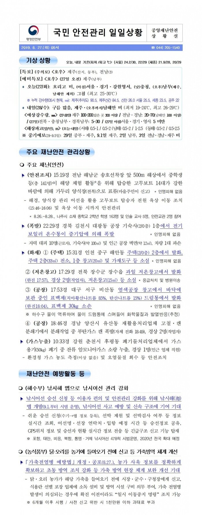 국민안전관리 일일상황 [2019년 8월27일