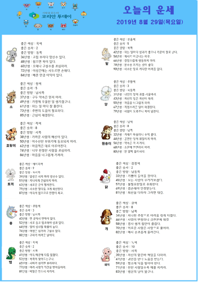 오늘의 운세 2019년 8월 29일