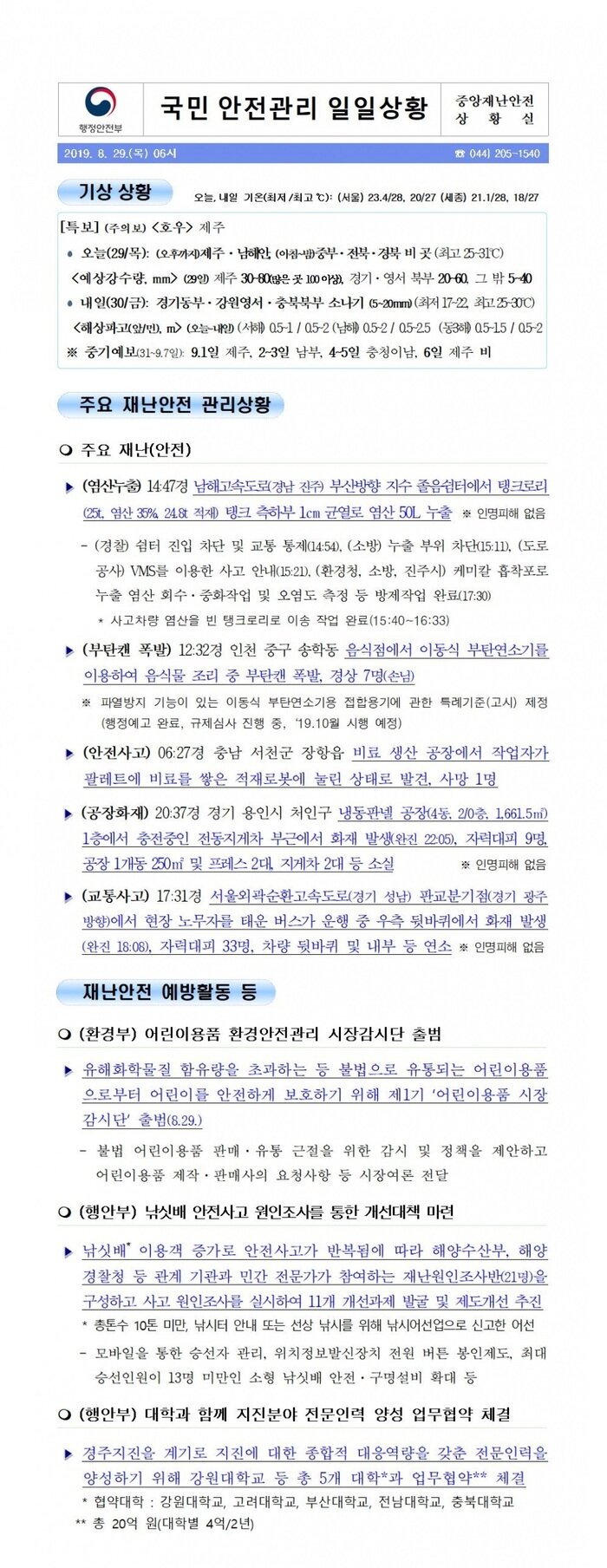 국민안전관리 일일상황 [2019년 8월29일]