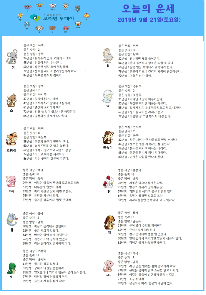 오늘의 운세 2019년 9월 21일