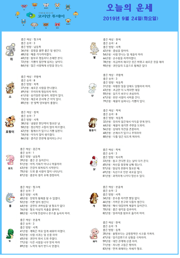 오늘의 운세 2019년 9월 24일