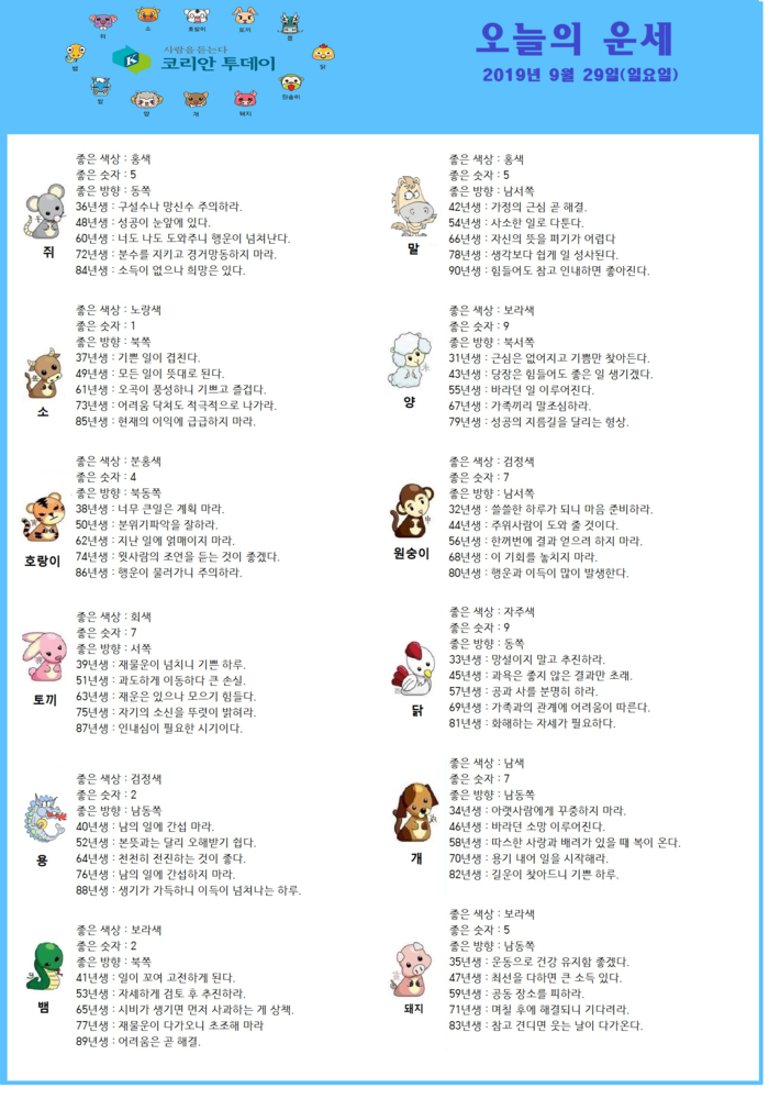 오늘의 운세 2019년 9월 29일