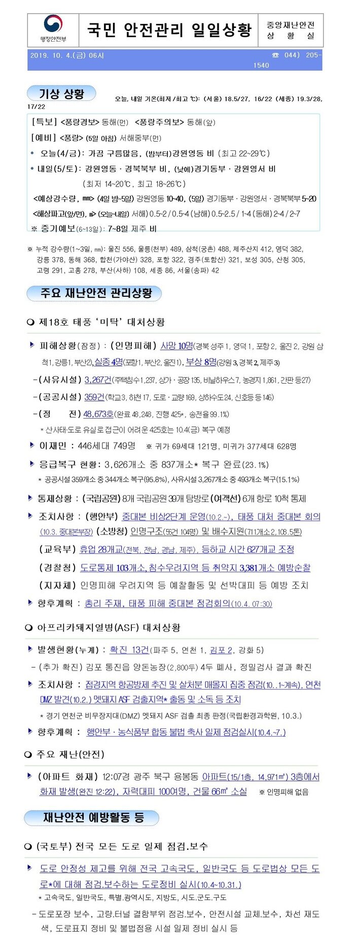 국민안전관리 일일상황 [2019년 10월 4일]