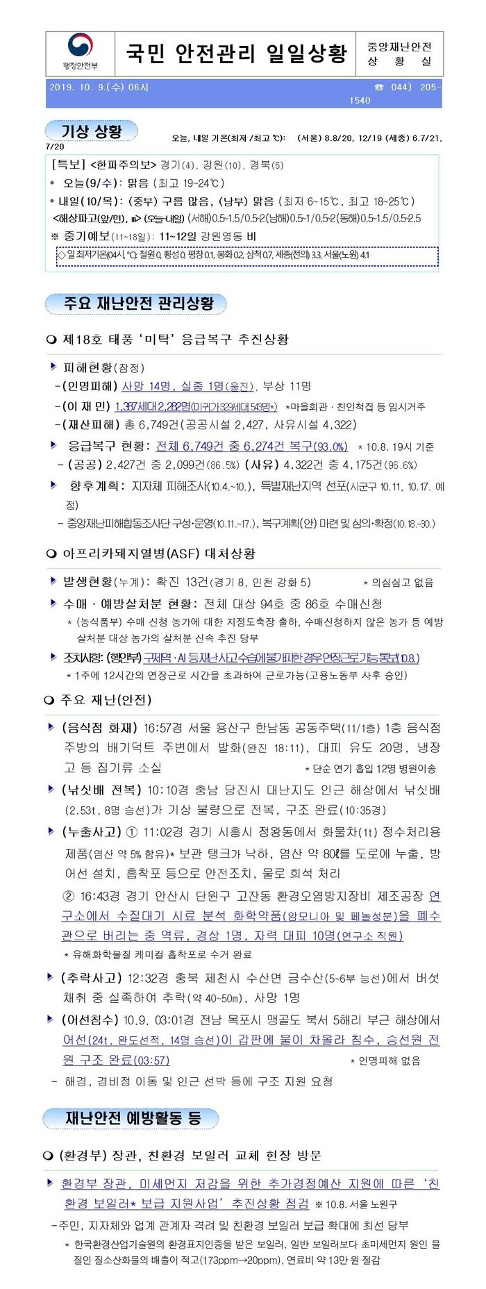 국민안전관리 일일상황 [2019년 10월 9일]