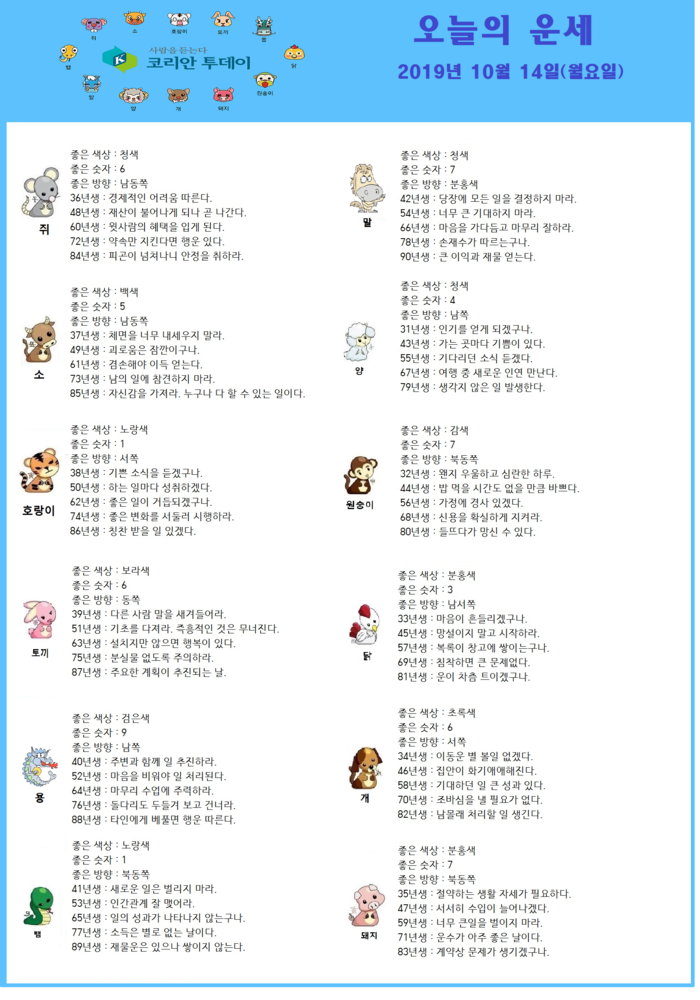 오늘의 운세 2019년 10월 14일
