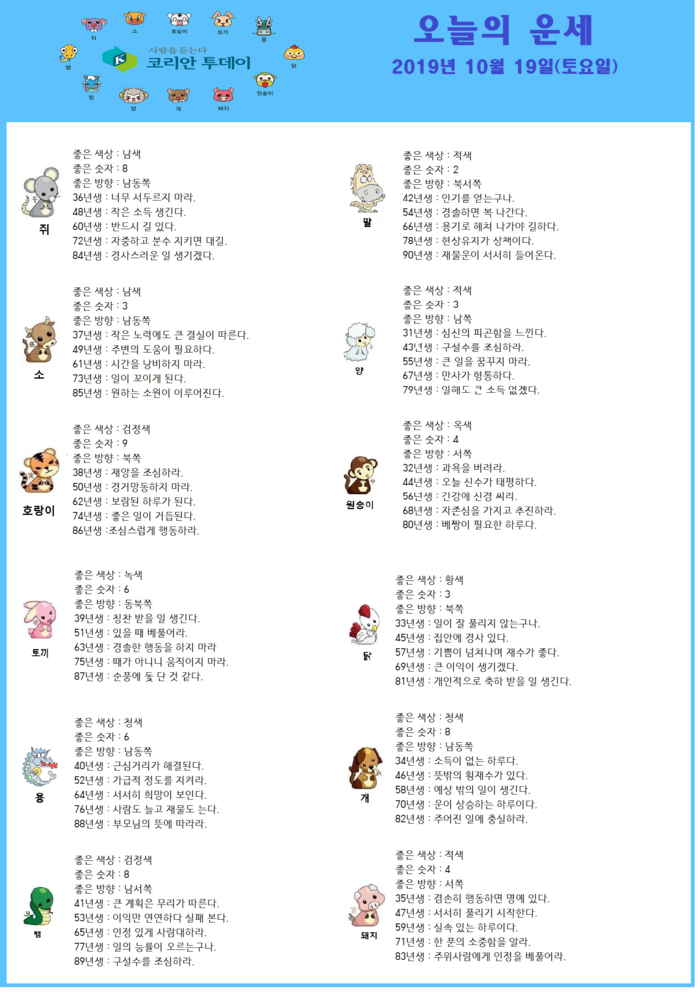 오늘의 운세 2019년 10월 19일