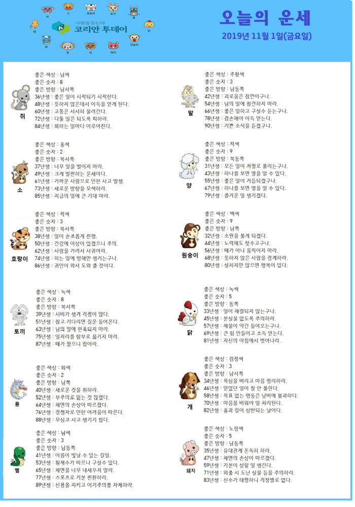 오늘의 운세 2019년 11월 1일