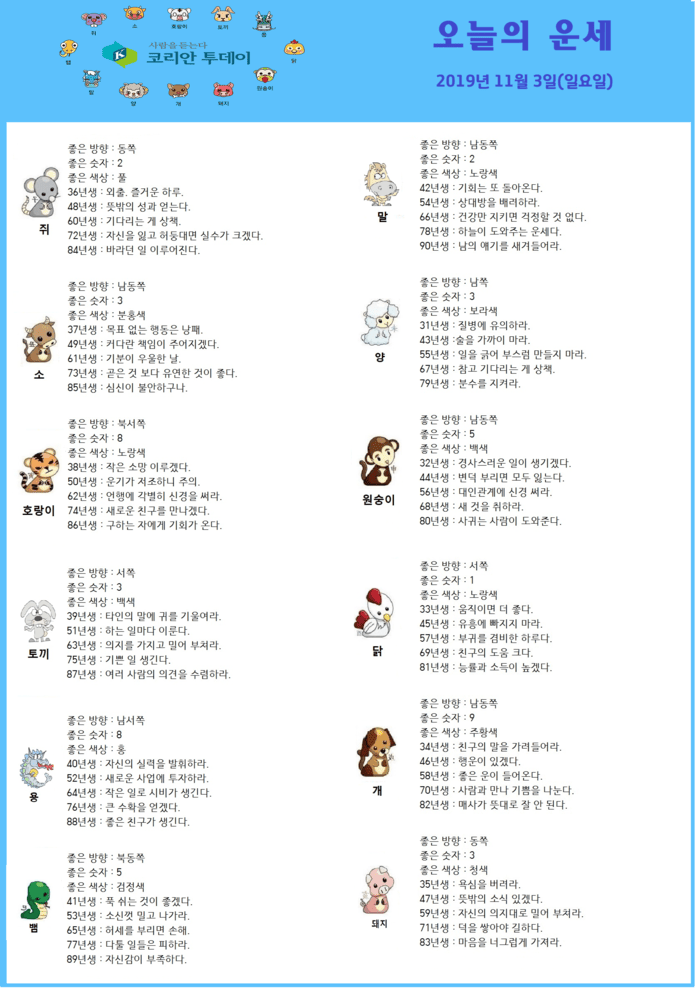 오늘의 운세 2019년 11월 3일