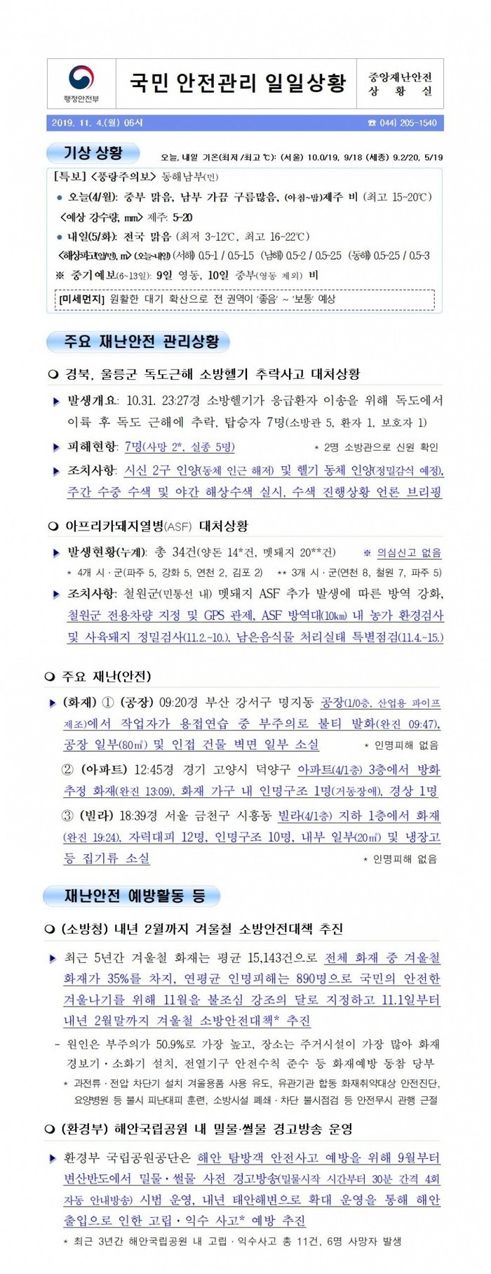 국민안전관리 일일상황 [2019년 11월 4일]