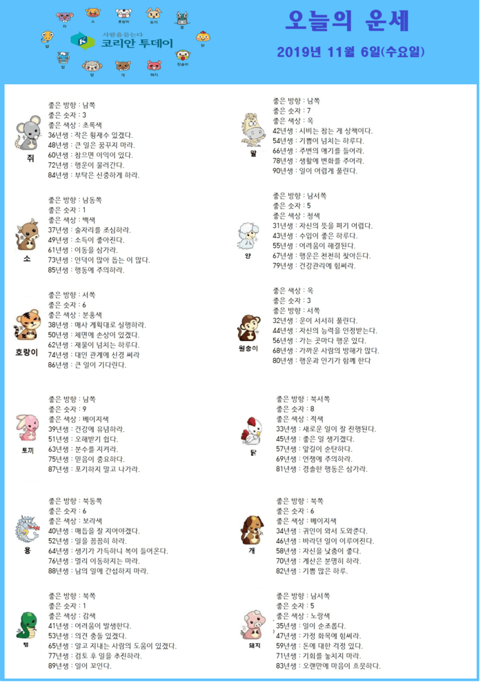 오늘의 운세 2019년 11월 6일
