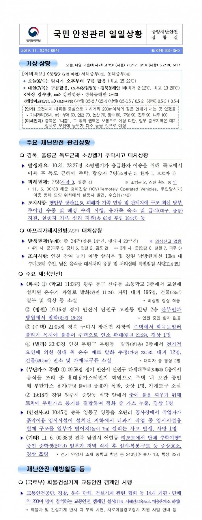국민안전관리 일일상황 [2019년 11월 6일]