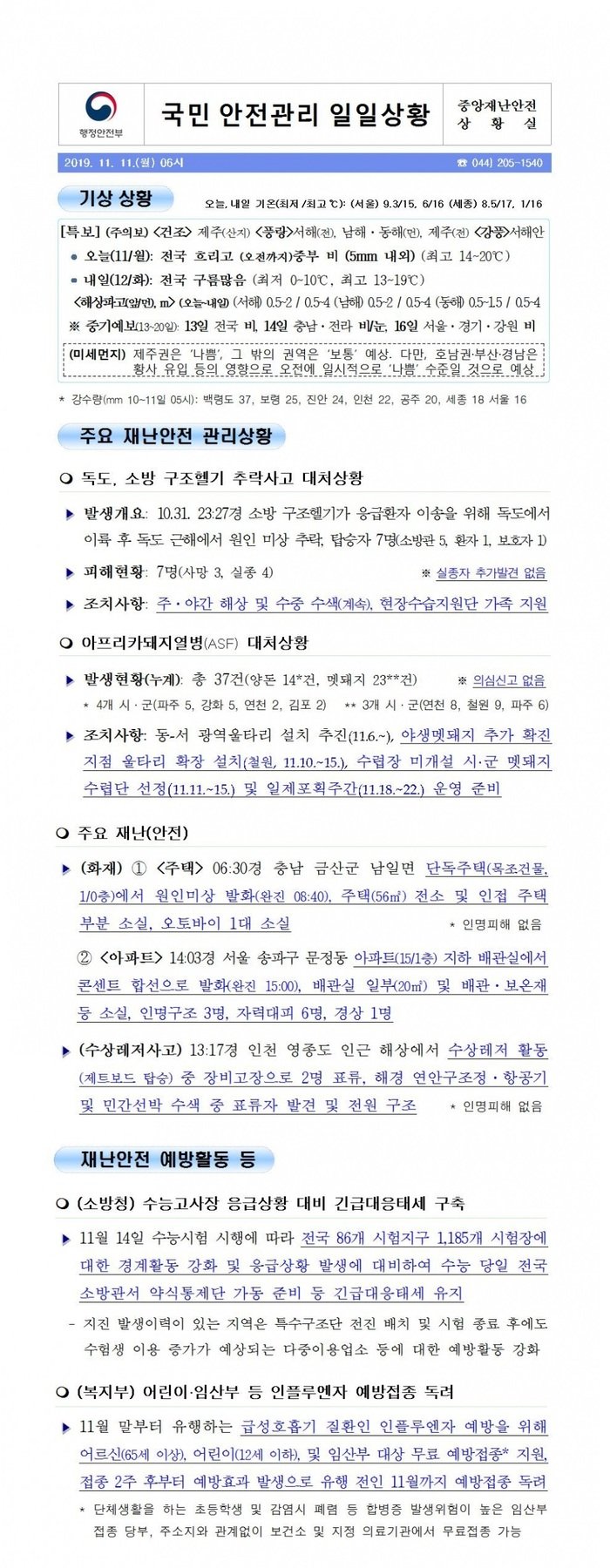 국민안전관리 일일상황 [2019년 11월 11일]