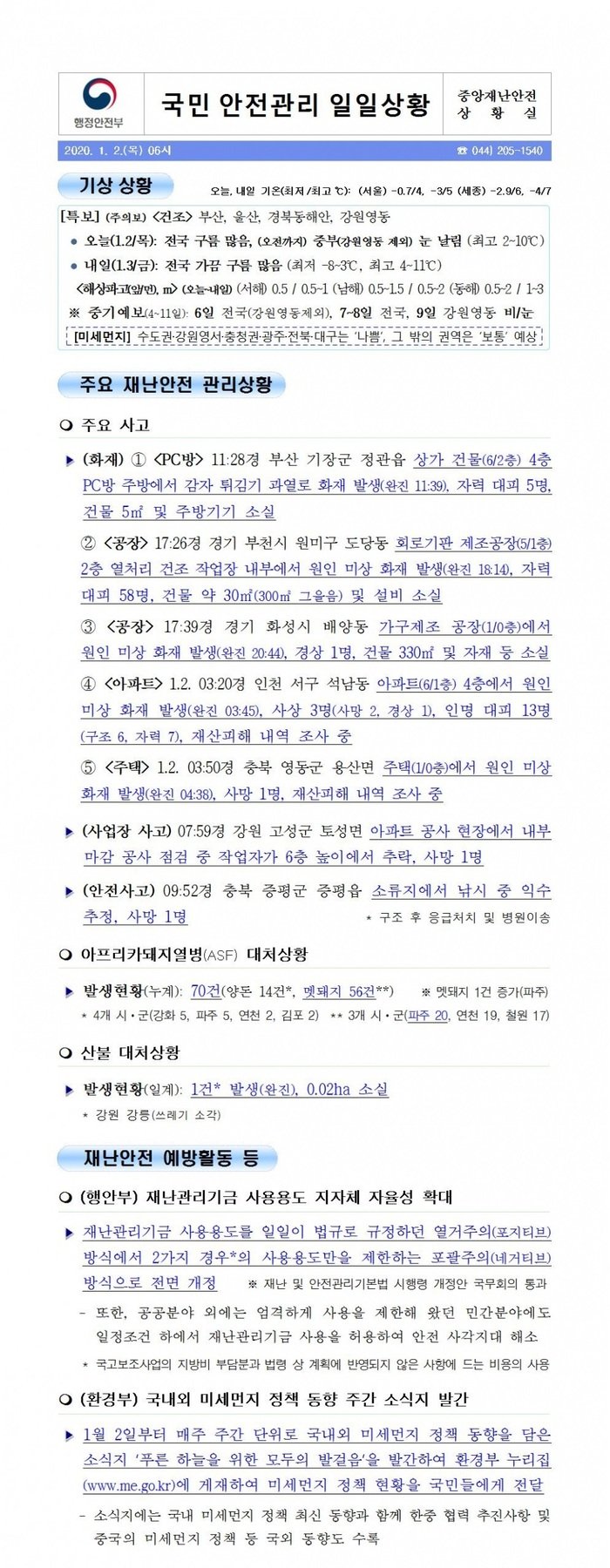 국민안전관리 일일상황 [2020년 1월 2일]